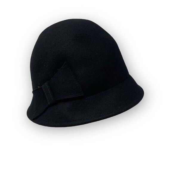 Riviera Black Cloche Bucket 100% Wool Hat Felt Bow OSFM - Picture 1 of 9